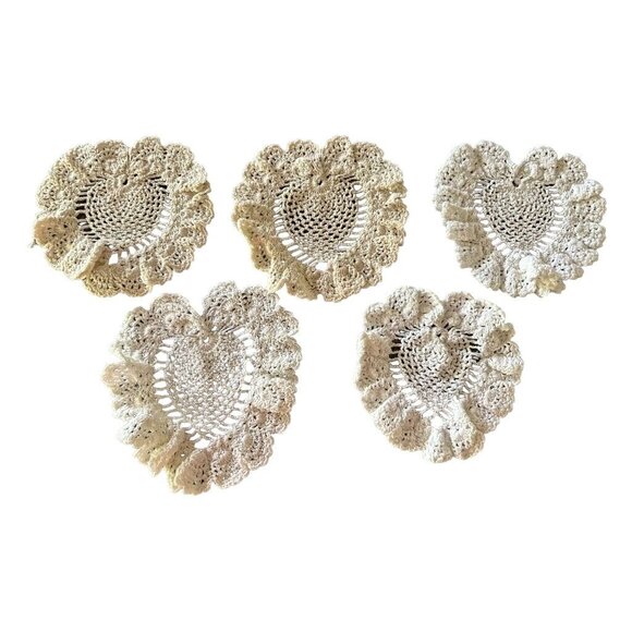 Crochet Heart-Shaped Lace Doilies Set Of 5 Decorative Table Accents 7-Inch Diam. - Picture 1 of 4